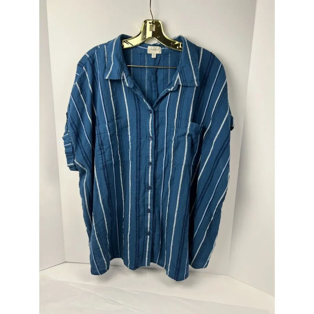 Wonderly Blue/White/Black Striped Short Sleeve Camp Shirt 3X EUC - Picture 1 of 7